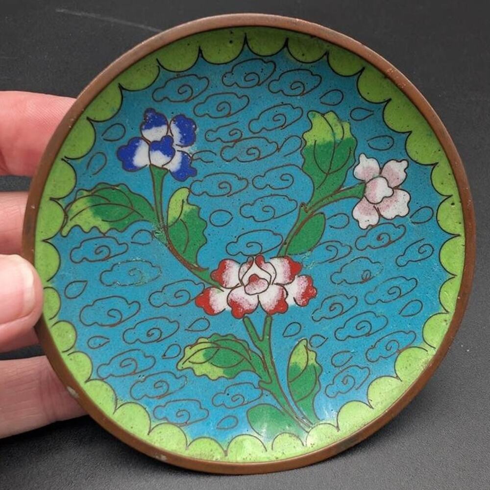 Vintage Tiny Mini Cloisonne Plate Floral Cloud Blue Green Metal Enamel China